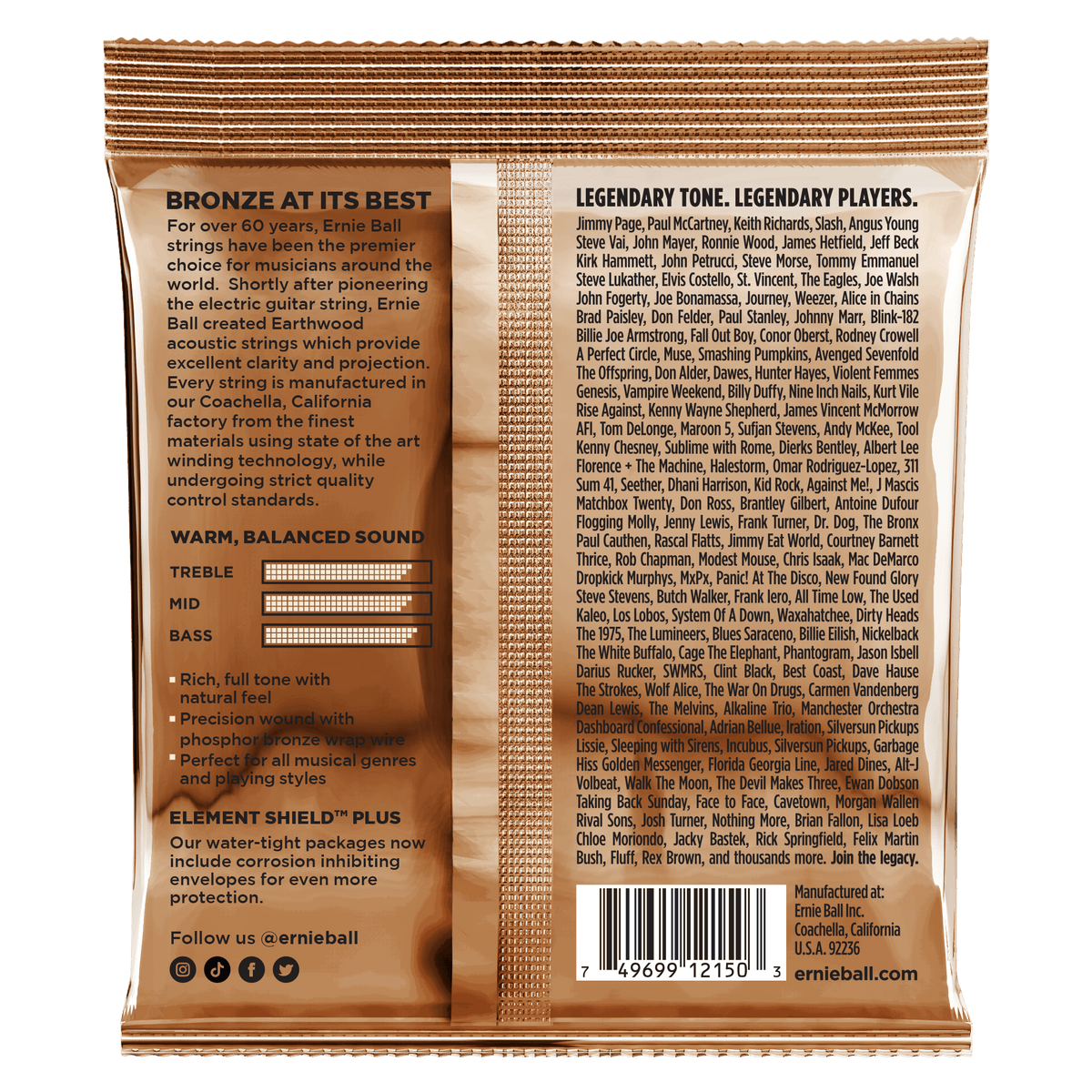 Ernie Ball Extra Light Earthwood Phosphor Bronze Acoustic Guitar Strings 10-50 Gauge