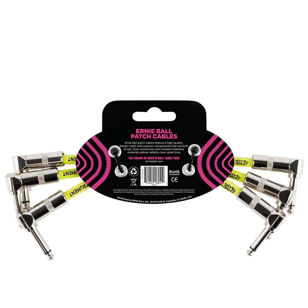 Ernie Ball Classic Patch Cable Angle/Angle 6in - White - 3 Pack