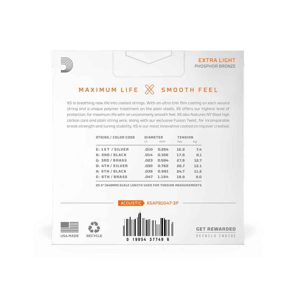 D'Addario 10-47 Extra Light, XS Phosphor Bronze Coated Acoustic Guitar Strings