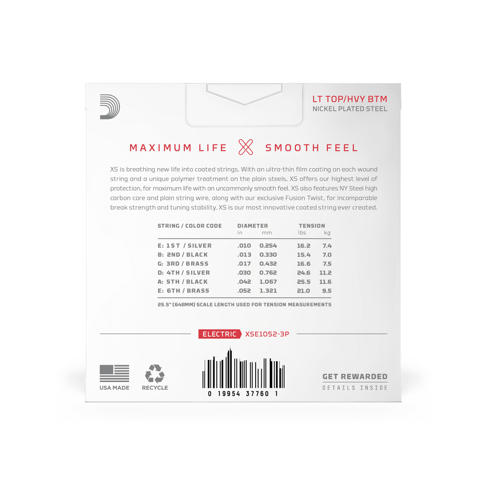 D'Addario 10-52 Light Top/Heavy Bottom, XS Nickel Coated Electric Guitar Strings