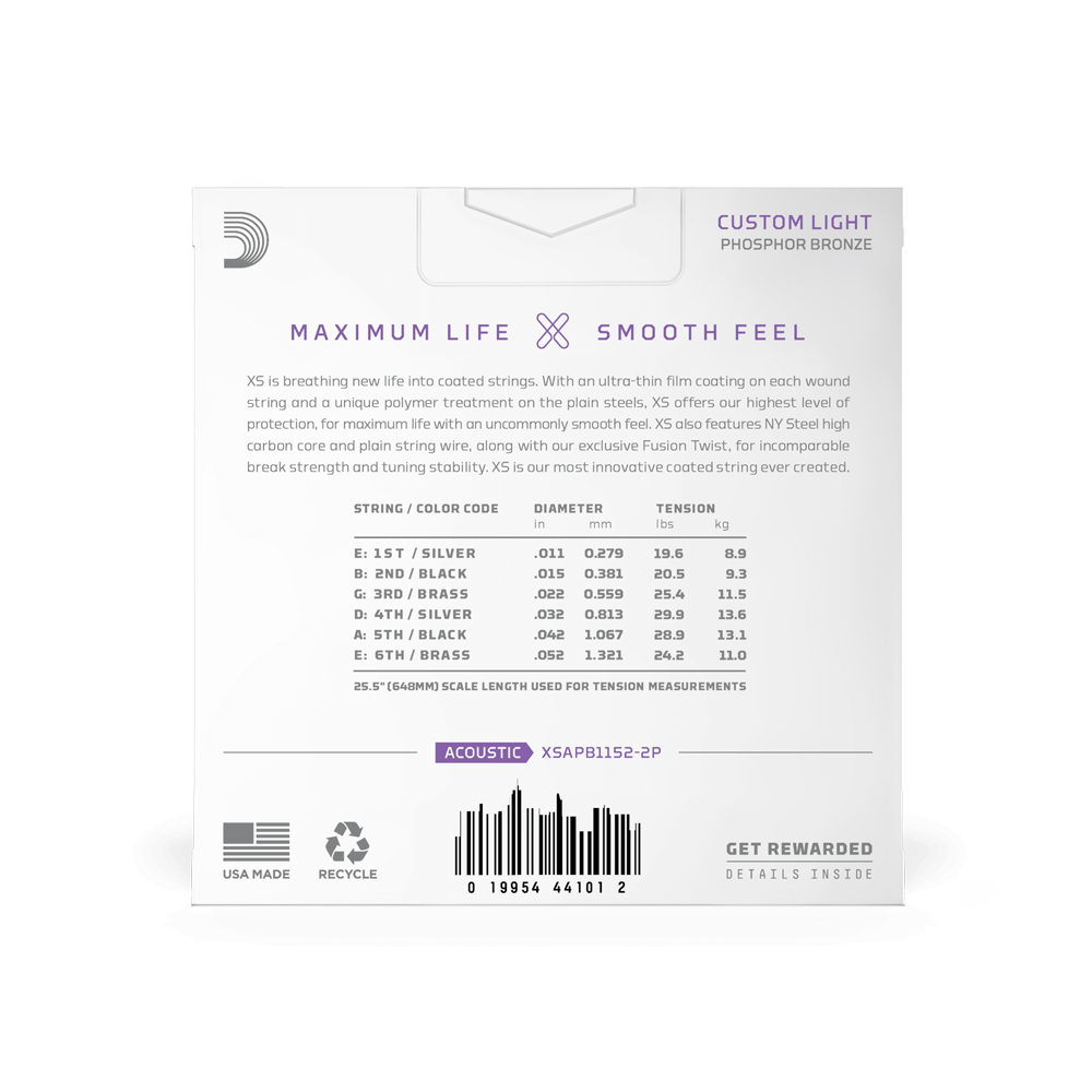 D'Addario 11-52 Custom Light, XS Phosphor Bronze Coated Acoustic Guitar Strings