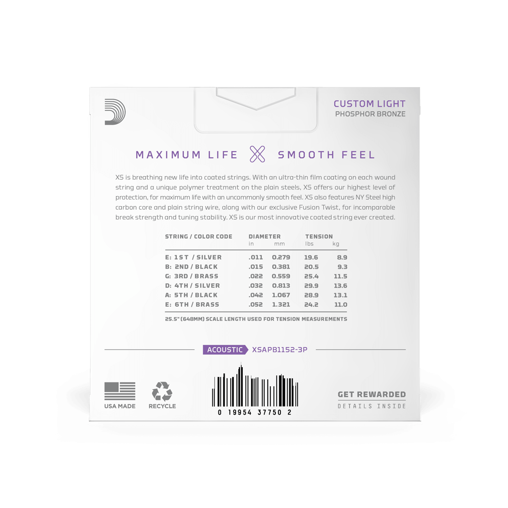 D'Addario 11-52 Custom Light, XS Phosphor Bronze Coated Acoustic Guitar Strings