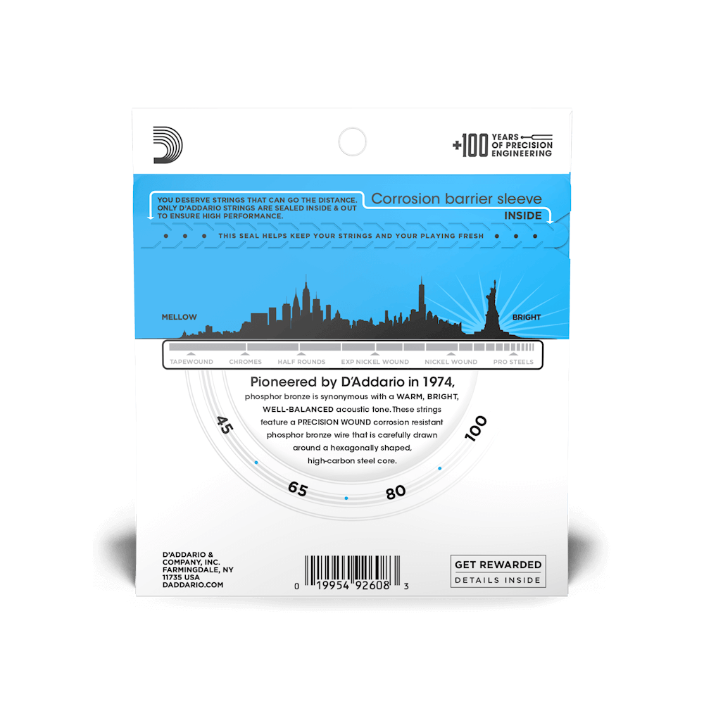 D'Addario 45-100 Regular Light, Long Scale, Phosphor Bronze Acoustic Bass Strings