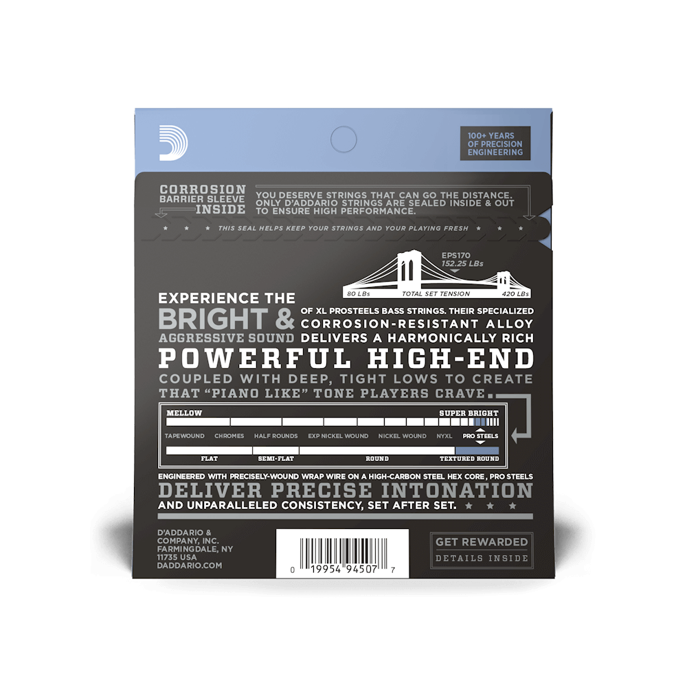 D'Addario 45-100 Regular Light, Long Scale, XL ProSteels Bass Strings